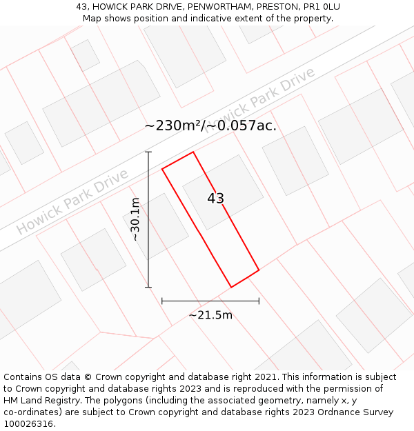 43, HOWICK PARK DRIVE, PENWORTHAM, PRESTON, PR1 0LU: Plot and title map