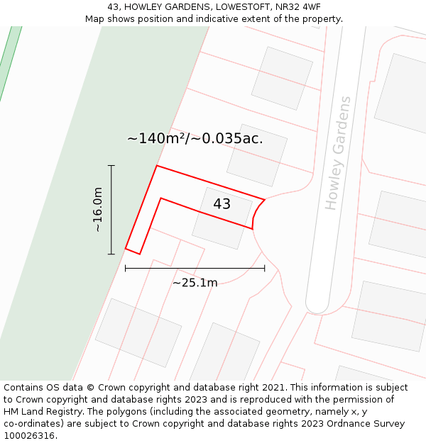 43, HOWLEY GARDENS, LOWESTOFT, NR32 4WF: Plot and title map