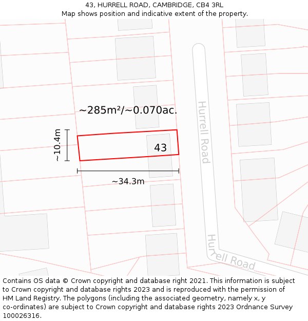 43, HURRELL ROAD, CAMBRIDGE, CB4 3RL: Plot and title map