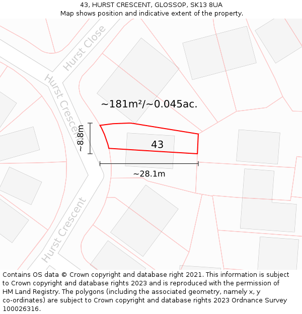 43, HURST CRESCENT, GLOSSOP, SK13 8UA: Plot and title map