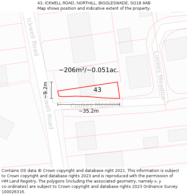 43, ICKWELL ROAD, NORTHILL, BIGGLESWADE, SG18 9AB: Plot and title map