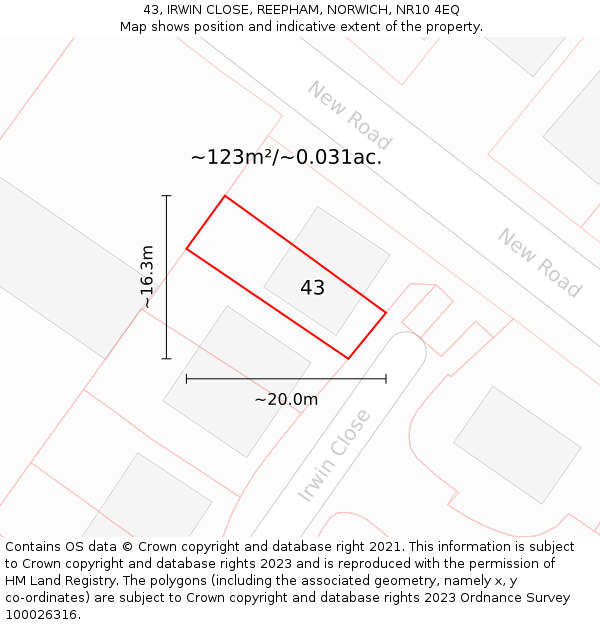 43, IRWIN CLOSE, REEPHAM, NORWICH, NR10 4EQ: Plot and title map