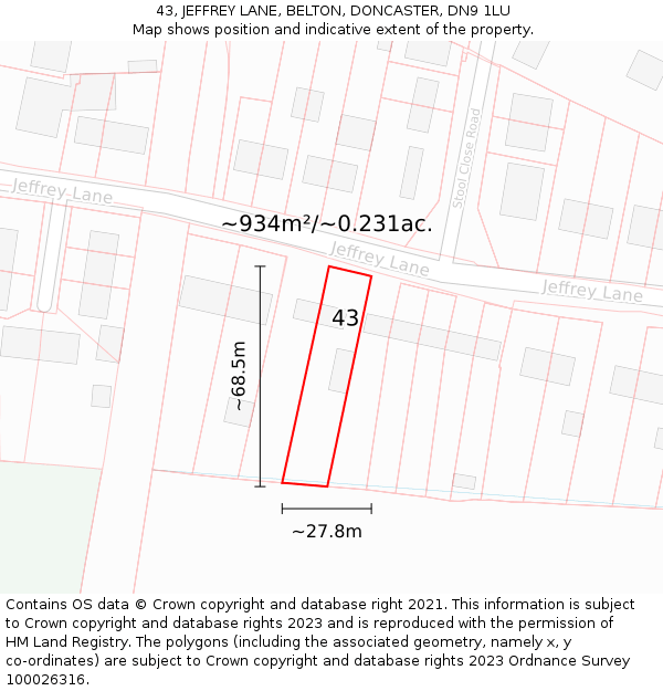 43, JEFFREY LANE, BELTON, DONCASTER, DN9 1LU: Plot and title map