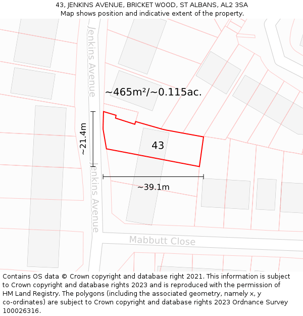 43, JENKINS AVENUE, BRICKET WOOD, ST ALBANS, AL2 3SA: Plot and title map