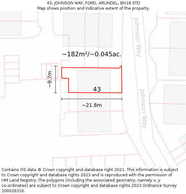 43, JOHNSON WAY, FORD, ARUNDEL, BN18 0TD: Plot and title map