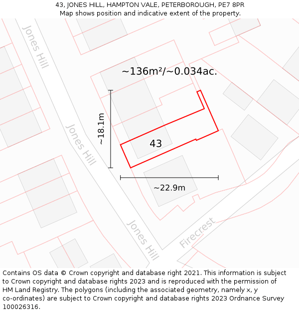 43, JONES HILL, HAMPTON VALE, PETERBOROUGH, PE7 8PR: Plot and title map