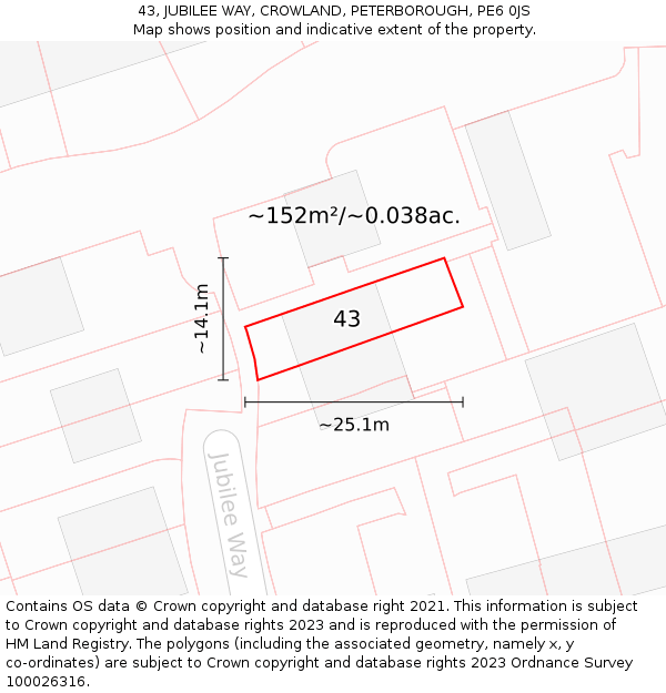 43, JUBILEE WAY, CROWLAND, PETERBOROUGH, PE6 0JS: Plot and title map