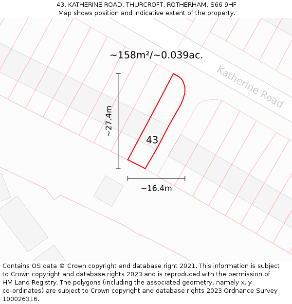 43, KATHERINE ROAD, THURCROFT, ROTHERHAM, S66 9HF: Plot and title map