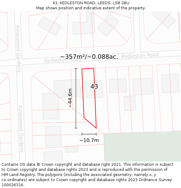 43, KEDLESTON ROAD, LEEDS, LS8 2BU: Plot and title map
