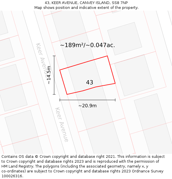 43, KEER AVENUE, CANVEY ISLAND, SS8 7NP: Plot and title map