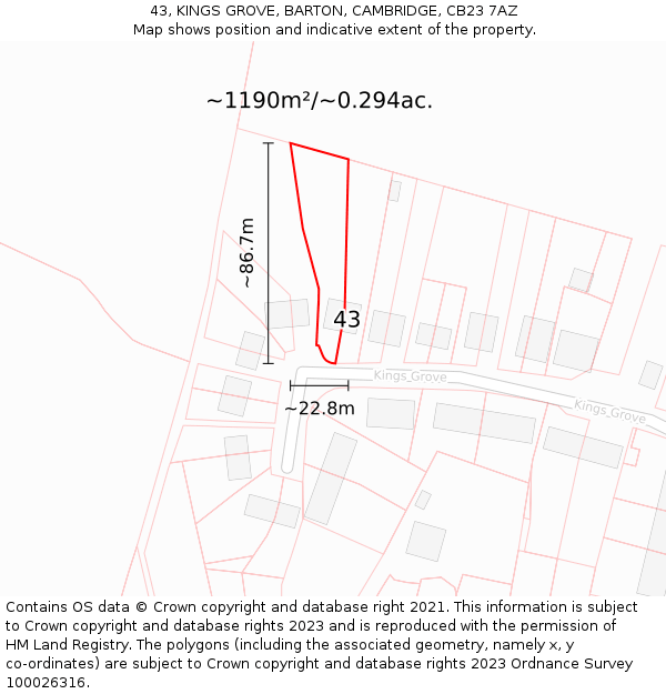 43, KINGS GROVE, BARTON, CAMBRIDGE, CB23 7AZ: Plot and title map
