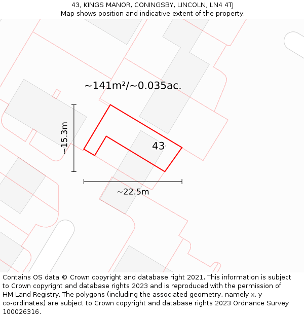 43, KINGS MANOR, CONINGSBY, LINCOLN, LN4 4TJ: Plot and title map