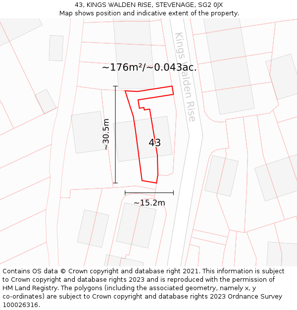 43, KINGS WALDEN RISE, STEVENAGE, SG2 0JX: Plot and title map