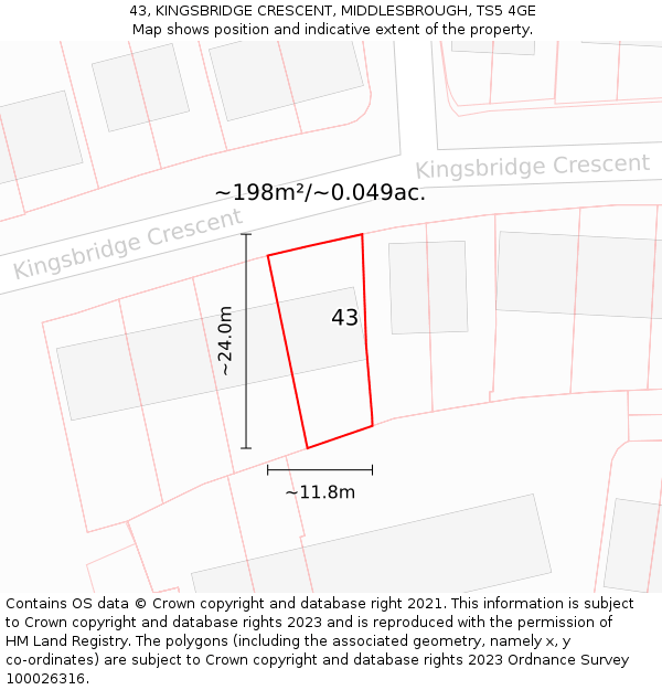 43, KINGSBRIDGE CRESCENT, MIDDLESBROUGH, TS5 4GE: Plot and title map