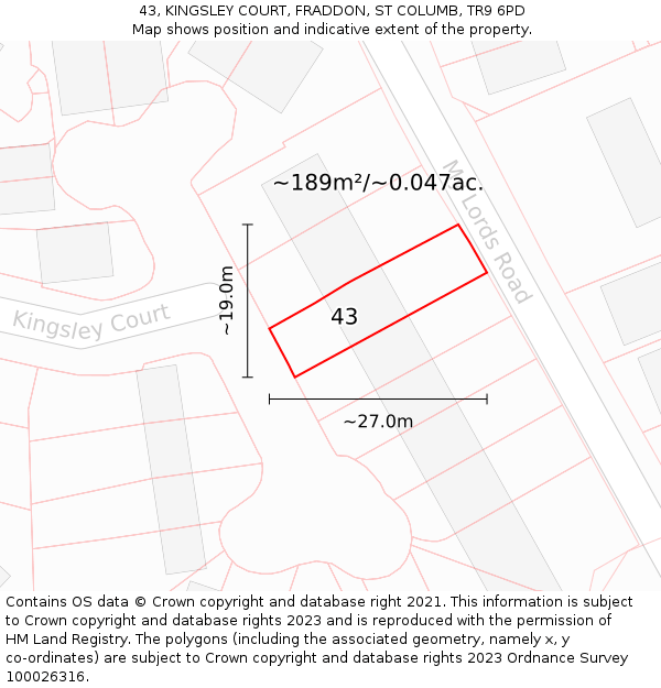 43, KINGSLEY COURT, FRADDON, ST COLUMB, TR9 6PD: Plot and title map