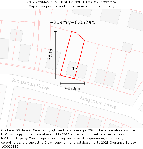 43, KINGSMAN DRIVE, BOTLEY, SOUTHAMPTON, SO32 2FW: Plot and title map