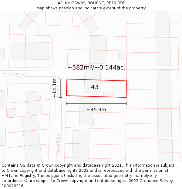 43, KINGSWAY, BOURNE, PE10 9DP: Plot and title map