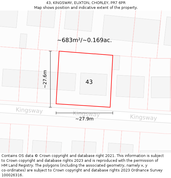 43, KINGSWAY, EUXTON, CHORLEY, PR7 6PR: Plot and title map