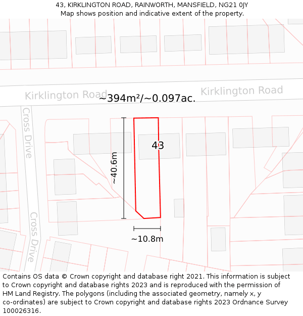 43, KIRKLINGTON ROAD, RAINWORTH, MANSFIELD, NG21 0JY: Plot and title map
