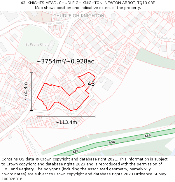 43, KNIGHTS MEAD, CHUDLEIGH KNIGHTON, NEWTON ABBOT, TQ13 0RF: Plot and title map
