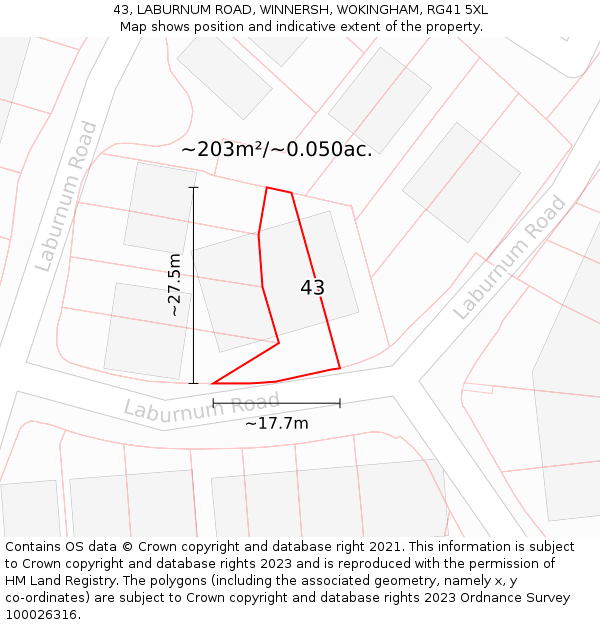 43, LABURNUM ROAD, WINNERSH, WOKINGHAM, RG41 5XL: Plot and title map
