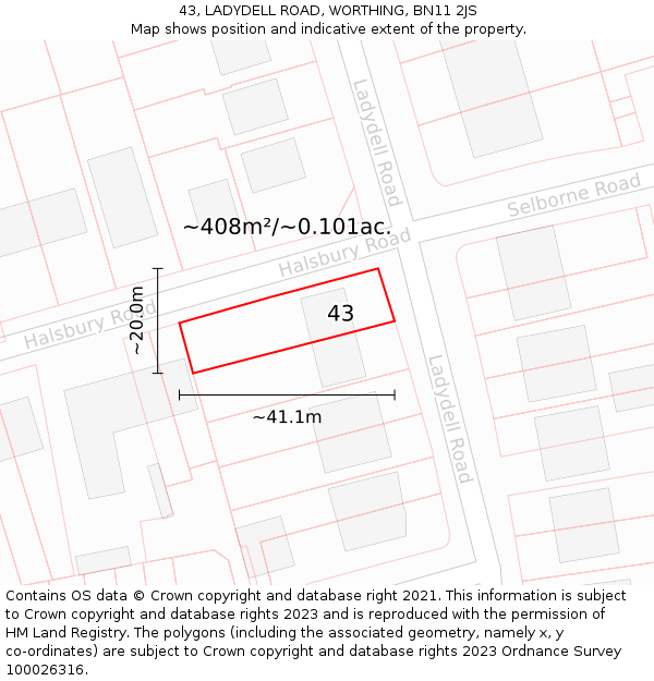 43, LADYDELL ROAD, WORTHING, BN11 2JS: Plot and title map