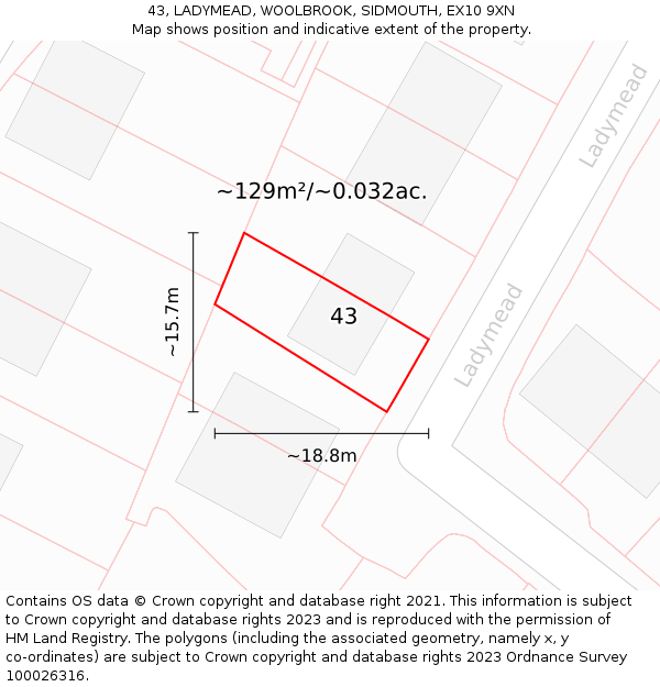 43, LADYMEAD, WOOLBROOK, SIDMOUTH, EX10 9XN: Plot and title map