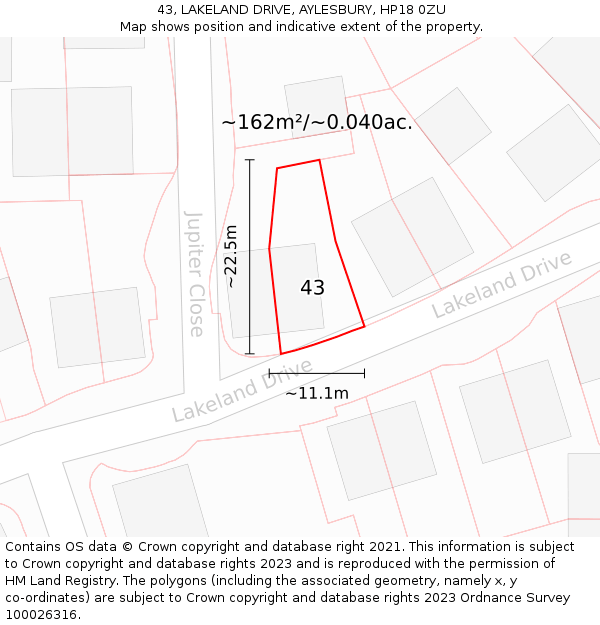 43, LAKELAND DRIVE, AYLESBURY, HP18 0ZU: Plot and title map