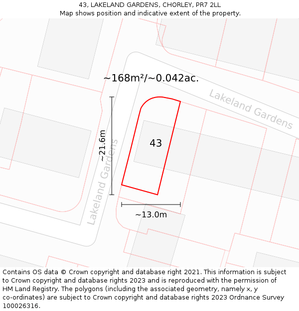 43, LAKELAND GARDENS, CHORLEY, PR7 2LL: Plot and title map
