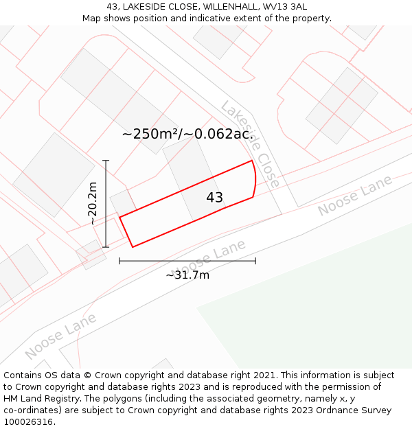 43, LAKESIDE CLOSE, WILLENHALL, WV13 3AL: Plot and title map