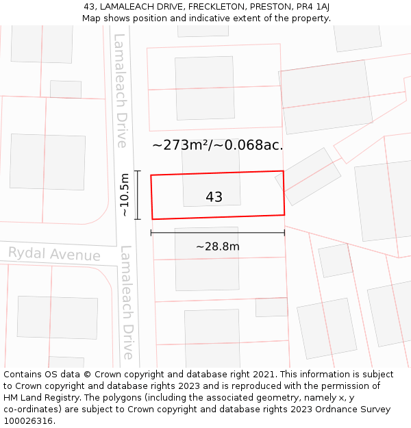 43, LAMALEACH DRIVE, FRECKLETON, PRESTON, PR4 1AJ: Plot and title map