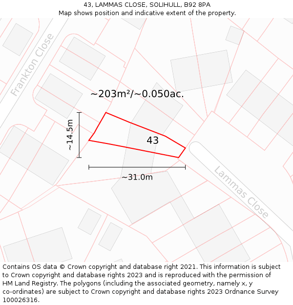 43, LAMMAS CLOSE, SOLIHULL, B92 8PA: Plot and title map