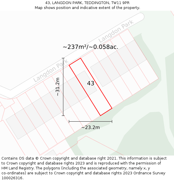 43, LANGDON PARK, TEDDINGTON, TW11 9PR: Plot and title map
