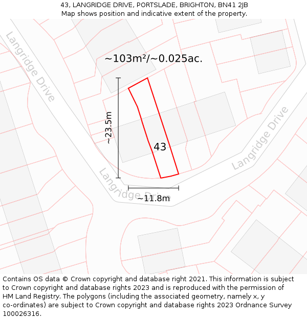 43, LANGRIDGE DRIVE, PORTSLADE, BRIGHTON, BN41 2JB: Plot and title map