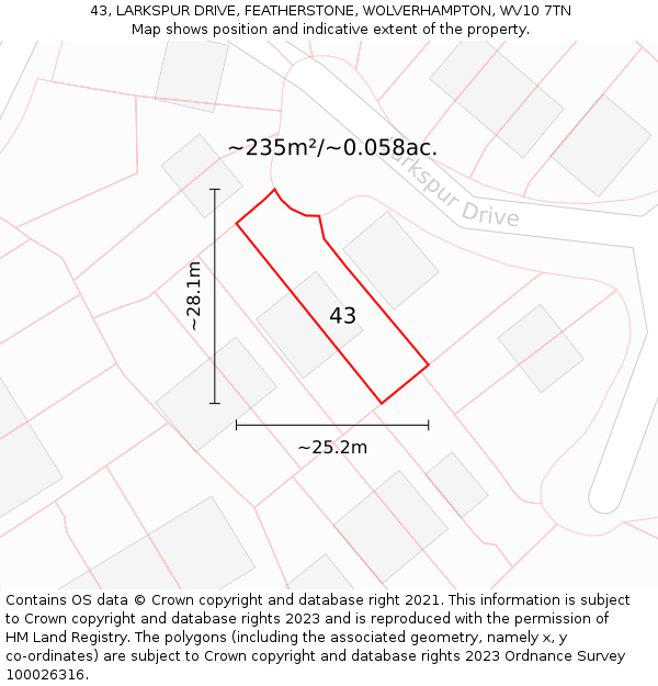 43, LARKSPUR DRIVE, FEATHERSTONE, WOLVERHAMPTON, WV10 7TN: Plot and title map