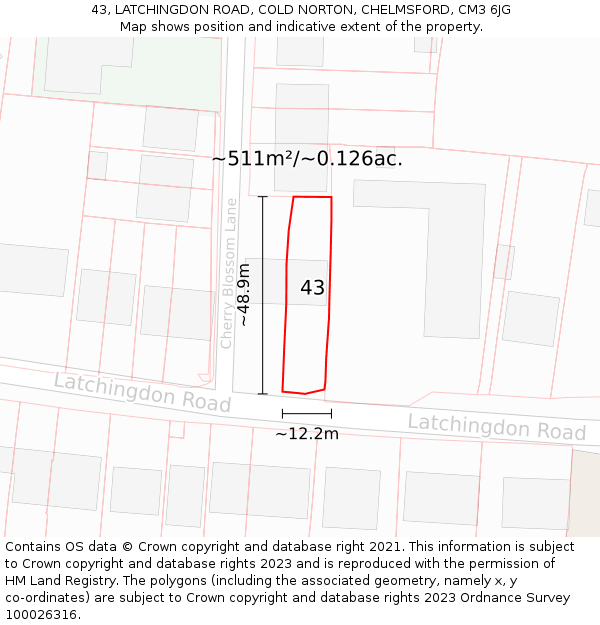 43, LATCHINGDON ROAD, COLD NORTON, CHELMSFORD, CM3 6JG: Plot and title map