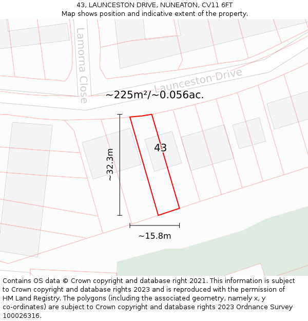 43, LAUNCESTON DRIVE, NUNEATON, CV11 6FT: Plot and title map