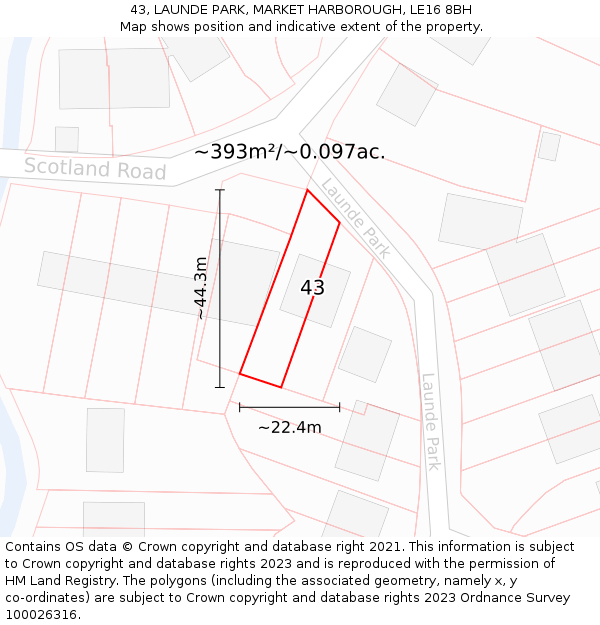 43, LAUNDE PARK, MARKET HARBOROUGH, LE16 8BH: Plot and title map