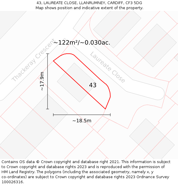 43, LAUREATE CLOSE, LLANRUMNEY, CARDIFF, CF3 5DG: Plot and title map
