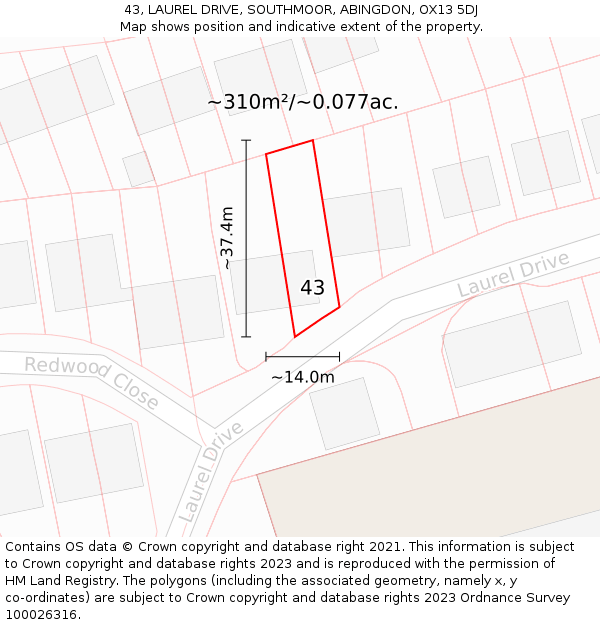 43, LAUREL DRIVE, SOUTHMOOR, ABINGDON, OX13 5DJ: Plot and title map