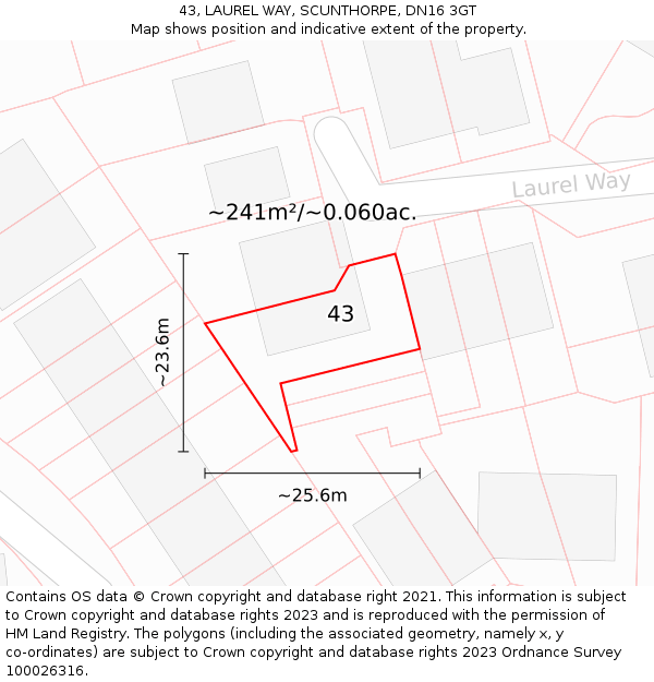 43, LAUREL WAY, SCUNTHORPE, DN16 3GT: Plot and title map