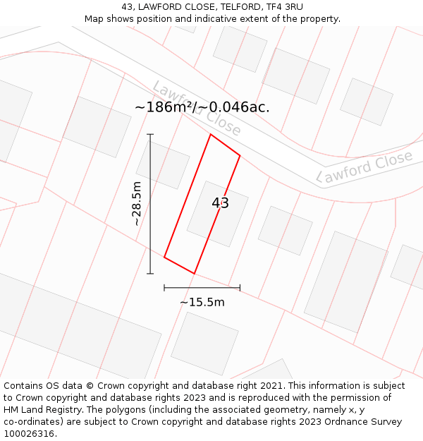 43, LAWFORD CLOSE, TELFORD, TF4 3RU: Plot and title map