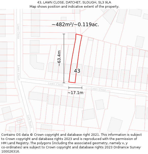 43, LAWN CLOSE, DATCHET, SLOUGH, SL3 9LA: Plot and title map