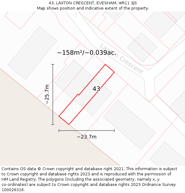 43, LAXTON CRESCENT, EVESHAM, WR11 3JS: Plot and title map