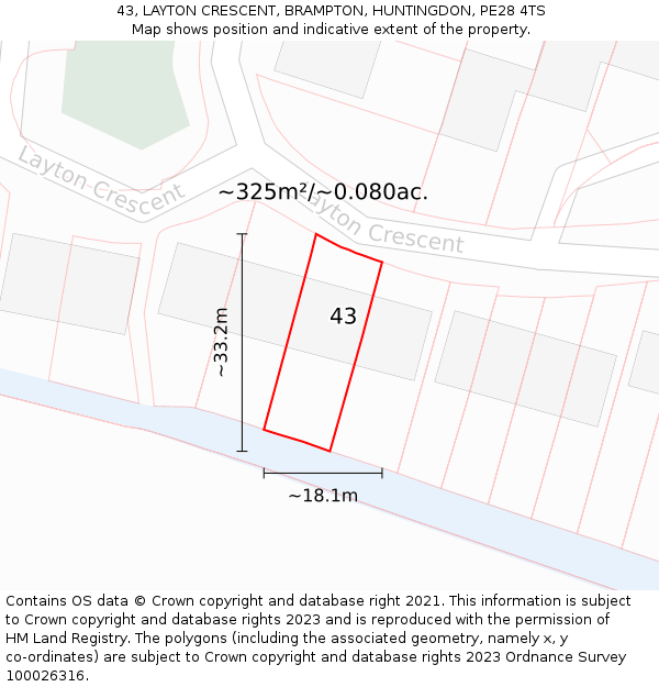 43, LAYTON CRESCENT, BRAMPTON, HUNTINGDON, PE28 4TS: Plot and title map