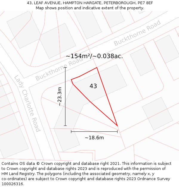 43, LEAF AVENUE, HAMPTON HARGATE, PETERBOROUGH, PE7 8EF: Plot and title map