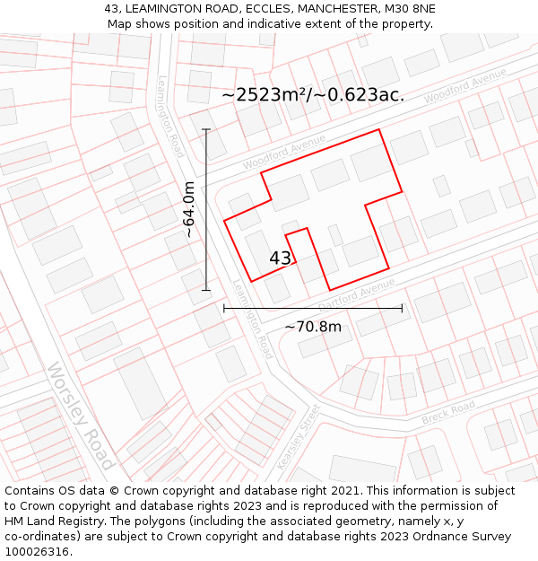 43, LEAMINGTON ROAD, ECCLES, MANCHESTER, M30 8NE: Plot and title map