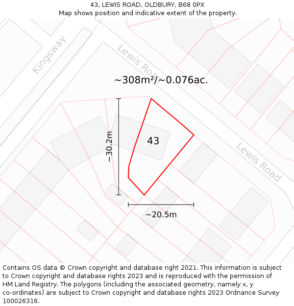 43, LEWIS ROAD, OLDBURY, B68 0PX: Plot and title map