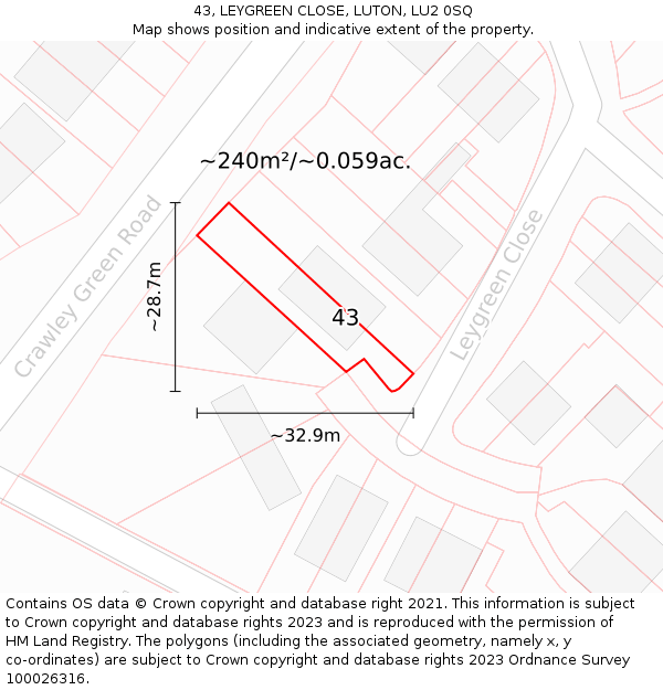 43, LEYGREEN CLOSE, LUTON, LU2 0SQ: Plot and title map
