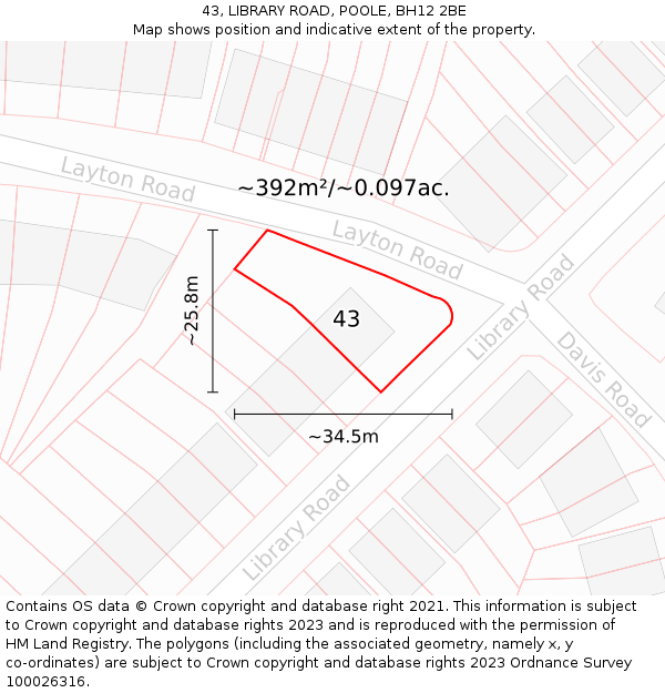 43, LIBRARY ROAD, POOLE, BH12 2BE: Plot and title map